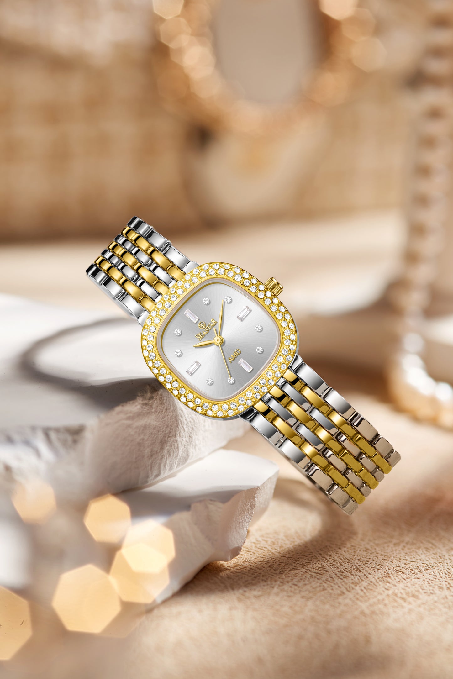 Seastar SS-2429L Luxury Stainless Steel Chain Elegant Stone Bezel Women's Watch