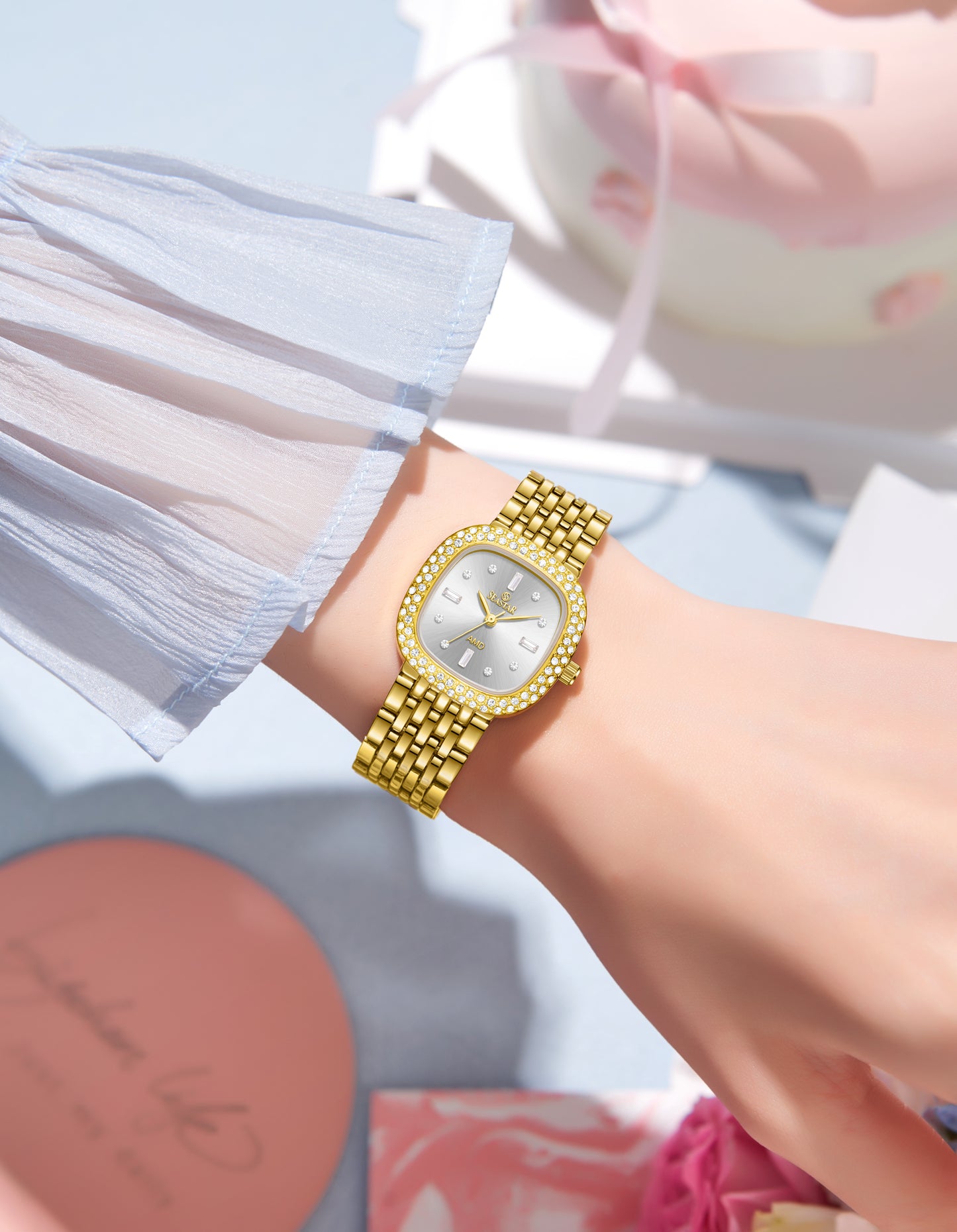 Seastar SS-2429L Luxury Stainless Steel Chain Elegant Stone Bezel Women's Watch