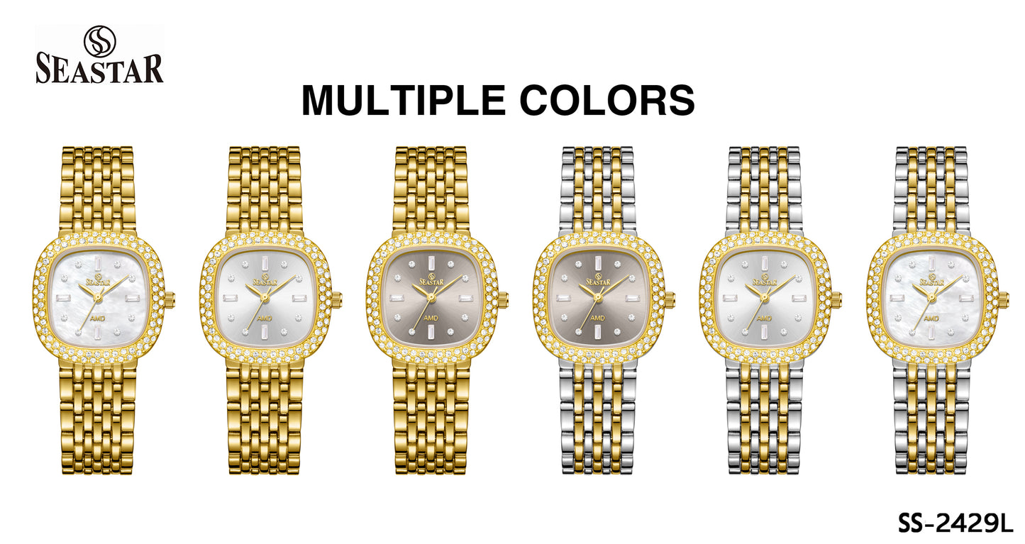 Seastar SS-2429L Luxury Stainless Steel Chain Elegant Stone Bezel Women's Watch