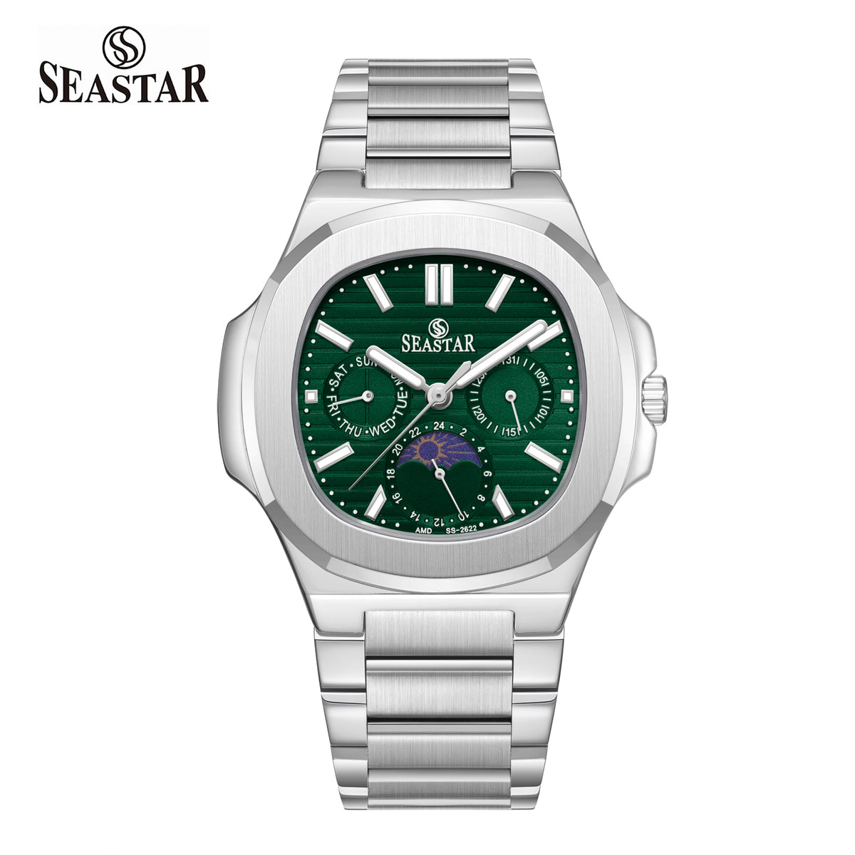 Seastar SS-2622M – Men’s Analog Stainless Steel Chain Watch with Moonphase Dial