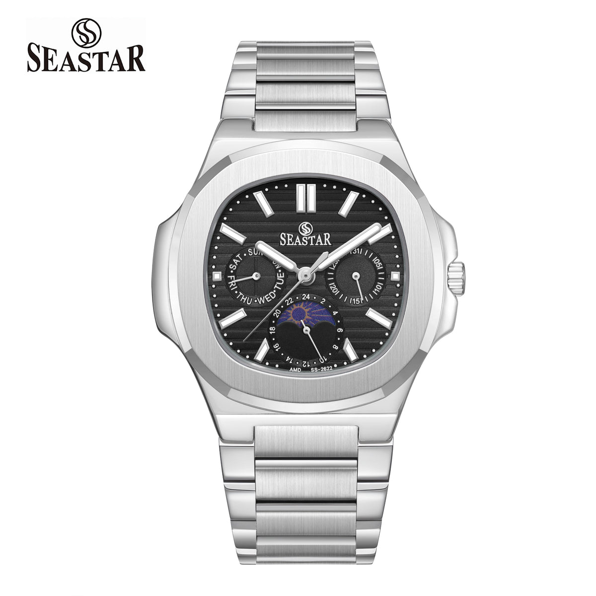 Seastar SS-2622M – Men’s Analog Stainless Steel Chain Watch with Moonphase Dial
