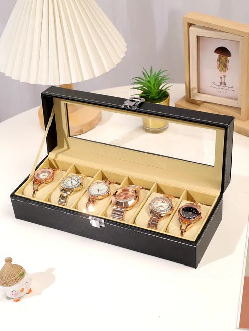 Premium 6-Slot Black Leather Watch Organizer with Transparent Lid