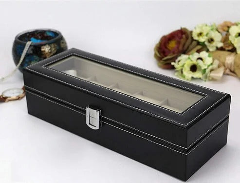 Premium 6-Slot Black Leather Watch Organizer with Transparent Lid