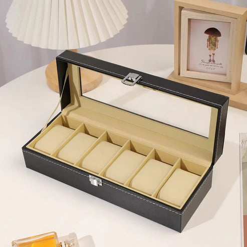 Premium 6-Slot Black Leather Watch Organizer with Transparent Lid