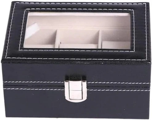 Luxury 3-Slot Black Leather Watch Storage Box with Transparent Display Lid