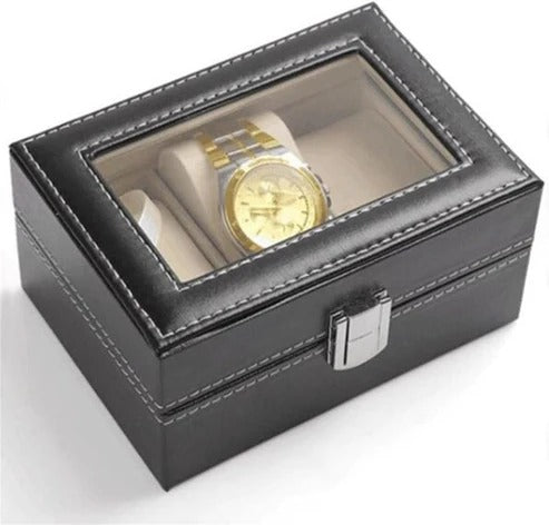 Luxury 3-Slot Black Leather Watch Storage Box with Transparent Display Lid