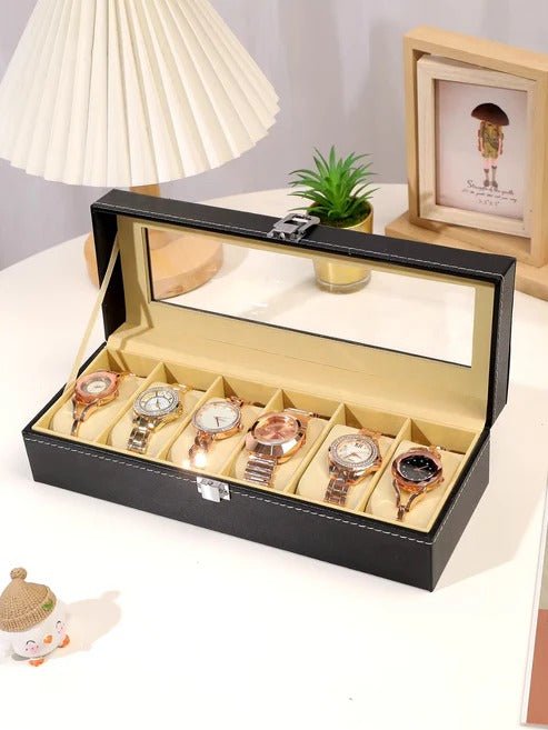 Premium 6-Slot Black Leather Watch Organizer with Transparent Lid - Seastar Watches-boxes-accessories