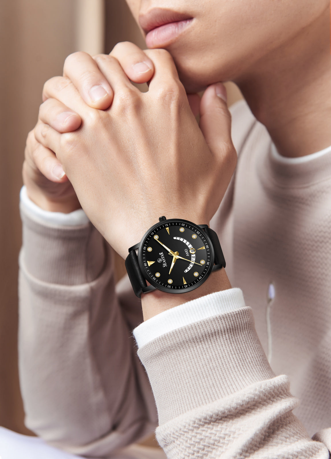 SS-2477M  Unique Arc Date Display Leather Strap Men's Watch