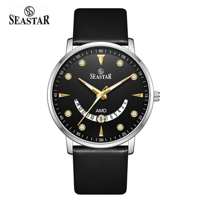 SS-2477M  Unique Arc Date Display Leather Strap Men's Watch
