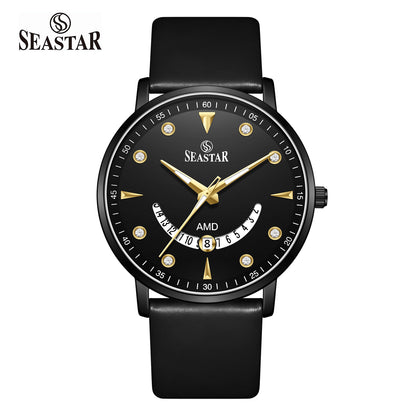 SS-2477M  Unique Arc Date Display Leather Strap Men's Watch