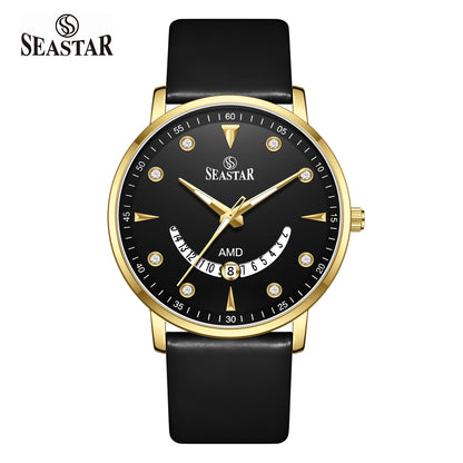 SS-2477M  Unique Arc Date Display Leather Strap Men's Watch