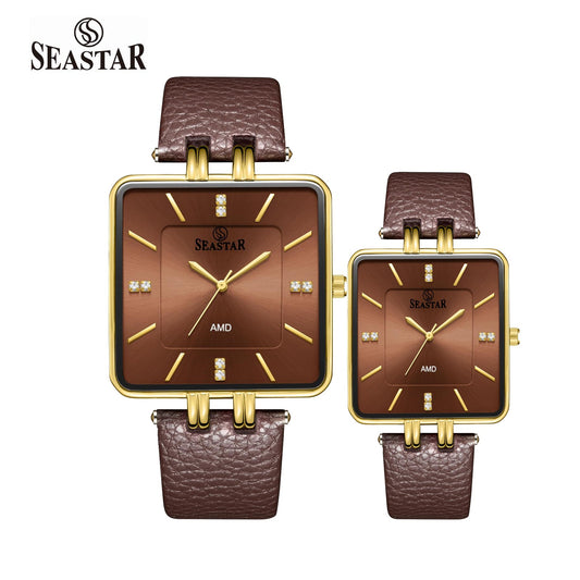 SEASTAR SS-2466M Leather Strap Couple Watch Set