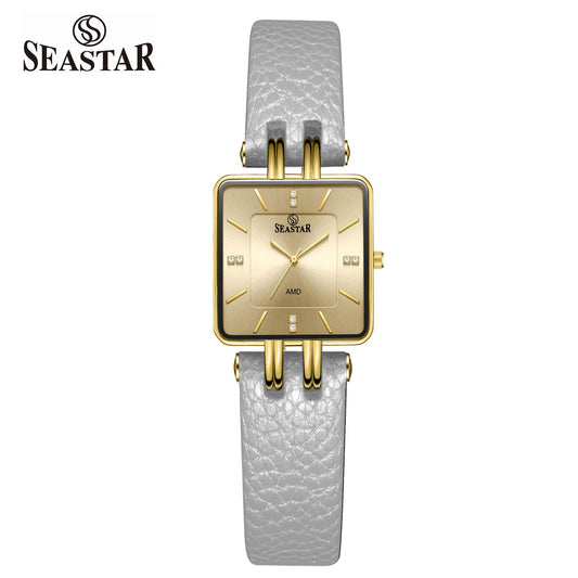 Seastar SS-2466L Women’s Luxury Watch – Green Dial with Gold Case & Textured Leather Strap