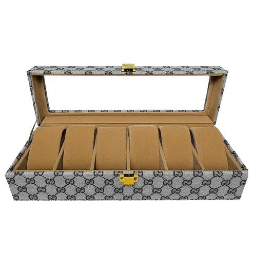 Luxury 6 Slot Watch Organizer Box PU Leather Case with Glass Top