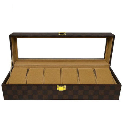 Luxury 6 Slot Watch Organizer Box PU Leather Case with Glass Top