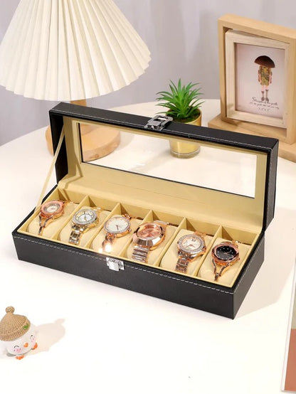 Premium 6-Slot Black Leather Watch Organizer with Transparent Lid
