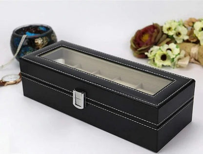 Premium 6-Slot Black Leather Watch Organizer with Transparent Lid