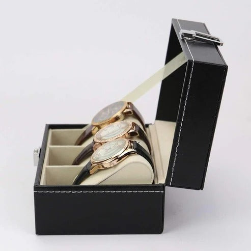 Luxury 3-Slot Black Leather Watch Storage Box with Transparent Display Lid