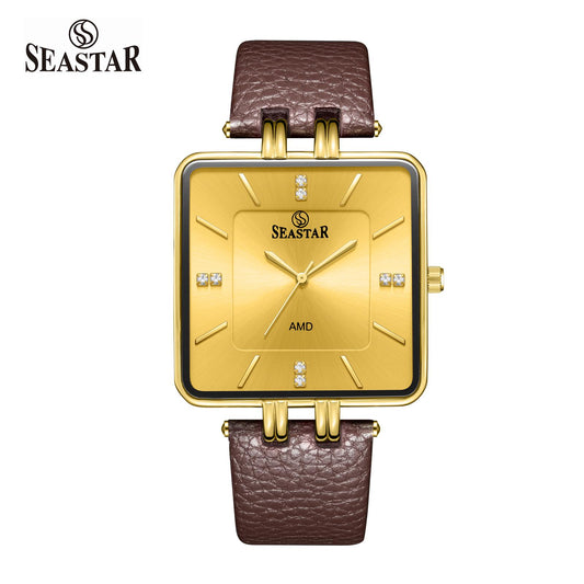 SEASTAR SS-2466M Gold Bezel Leather Strap Watch