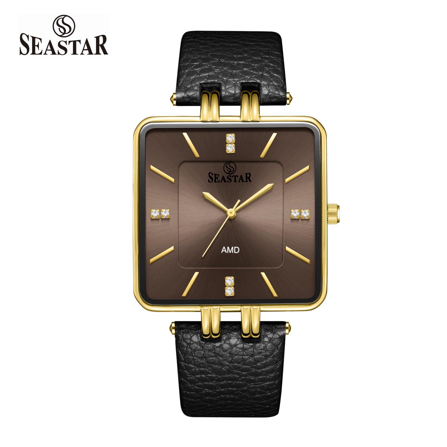 SEASTAR SS-2466M Gold Bezel Leather Strap Watch