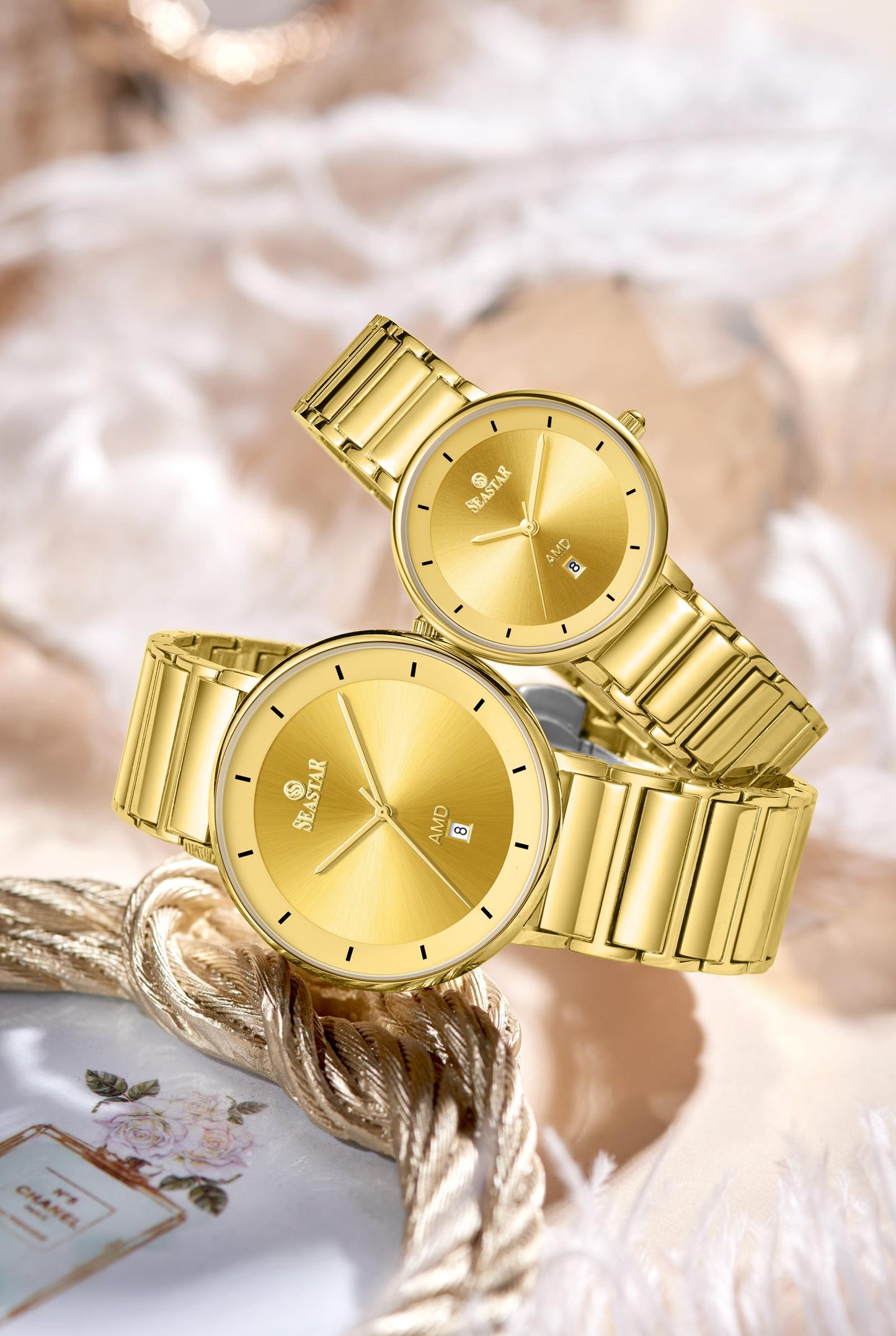 SEASTAR SS-2454M Gold Stainless Steel Couple Watch Set – His & Hers
