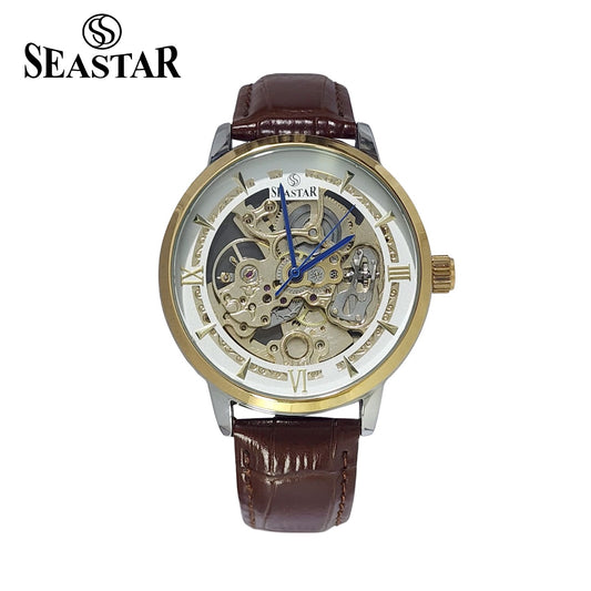 SEASTAR 8222 Automatic Skeleton Design  Leather Strap Men's Watch
