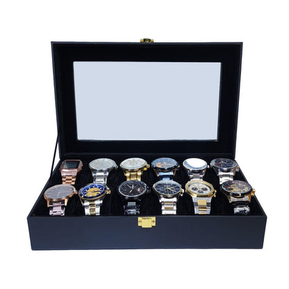 Black PU Leather Display Collection Storage 12 Grids Watch Organizer Box - Seastar Watches-boxes-accessories