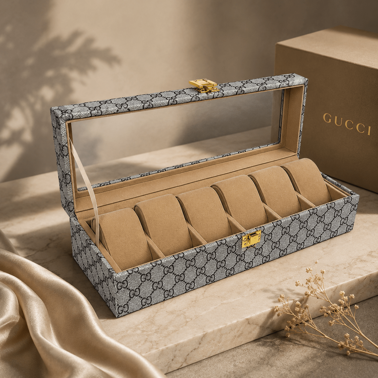 Luxury 6 Slot Watch Organizer Box PU Leather Case with Glass Top - Seastar Watches-boxes-accessories