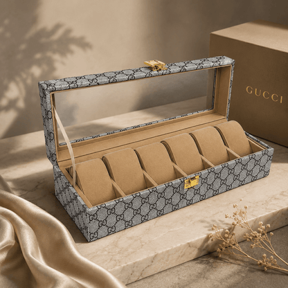 Luxury 6 Slot Watch Organizer Box PU Leather Case with Glass Top - Seastar Watches-boxes-accessories