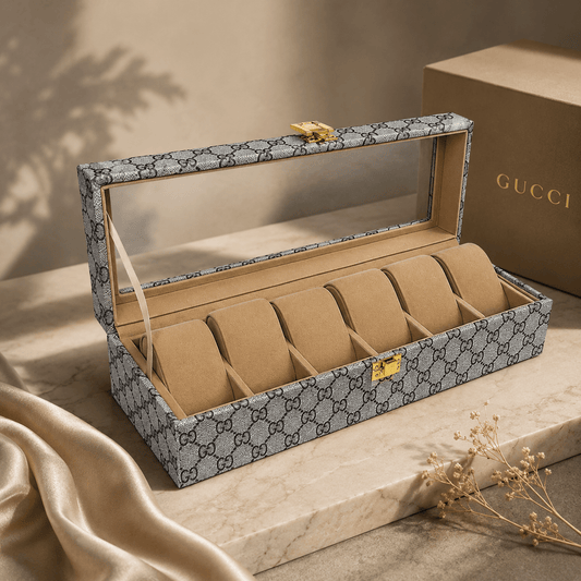 Luxury 6 Slot Watch Organizer Box PU Leather Case with Glass Top - Seastar Watches-boxes-accessories