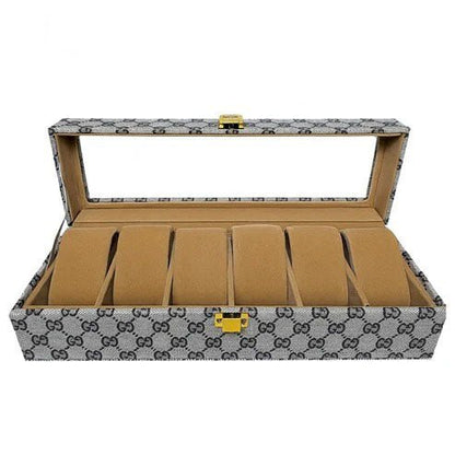 Luxury 6 Slot Watch Organizer Box PU Leather Case with Glass Top - Seastar Watches-boxes-accessories
