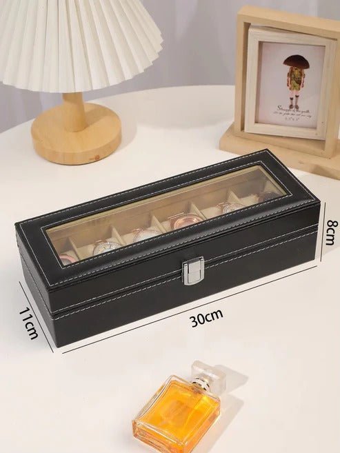 Premium 6-Slot Black Leather Watch Organizer with Transparent Lid - Seastar Watches-boxes-accessories