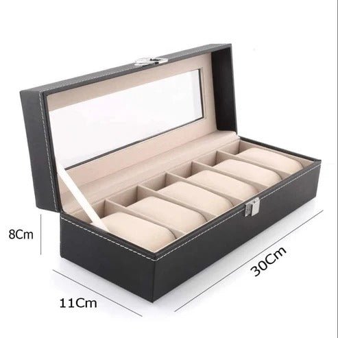 Premium 6-Slot Black Leather Watch Organizer with Transparent Lid - Seastar Watches-boxes-accessories
