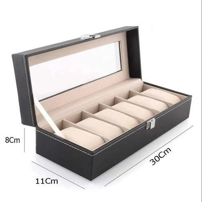 Premium 6-Slot Black Leather Watch Organizer with Transparent Lid - Seastar Watches-boxes-accessories