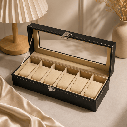 Premium 6-Slot Black Leather Watch Organizer with Transparent Lid - Seastar Watches-boxes-accessories