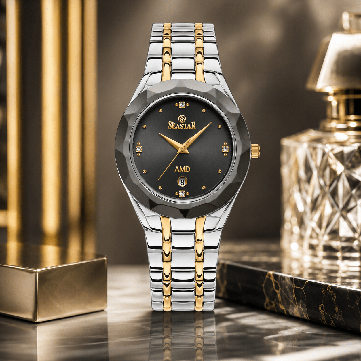 Seastar SS-2404M Men’s Two Tone Crystal Stainless Steel Watch - Seastar Watches-Stainless Steel-Seastar Men