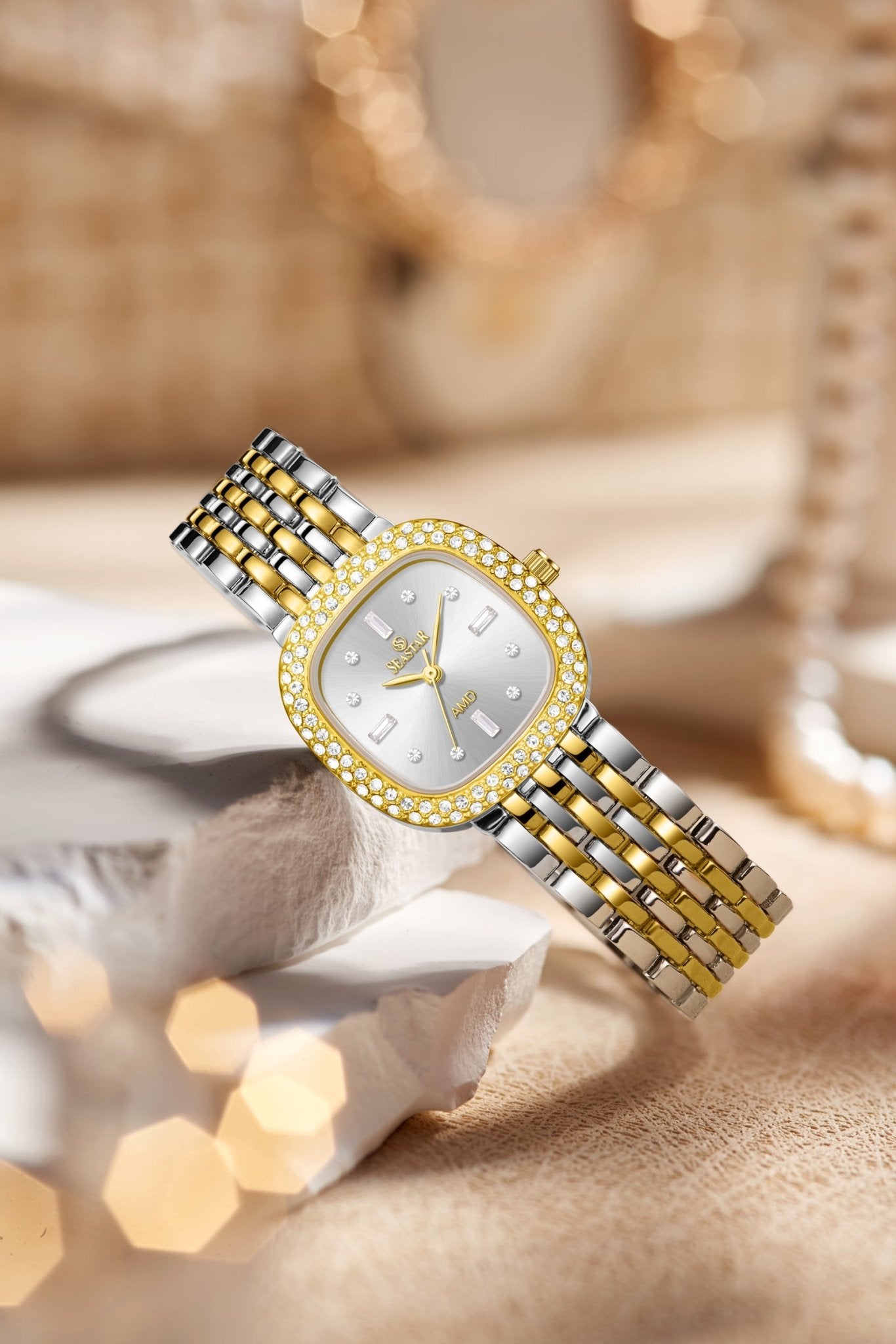Seastar SS-2429L Luxury Stainless Steel Chain Elegant Stone Bezel Women's Watch - Seastar Watches-Stainless Steel-Seastar Women