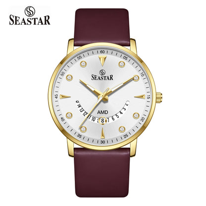 SS-2477M Unique Arc Date Display Leather Strap Men's Watch - Seastar Watches-Leather-Seastar Men