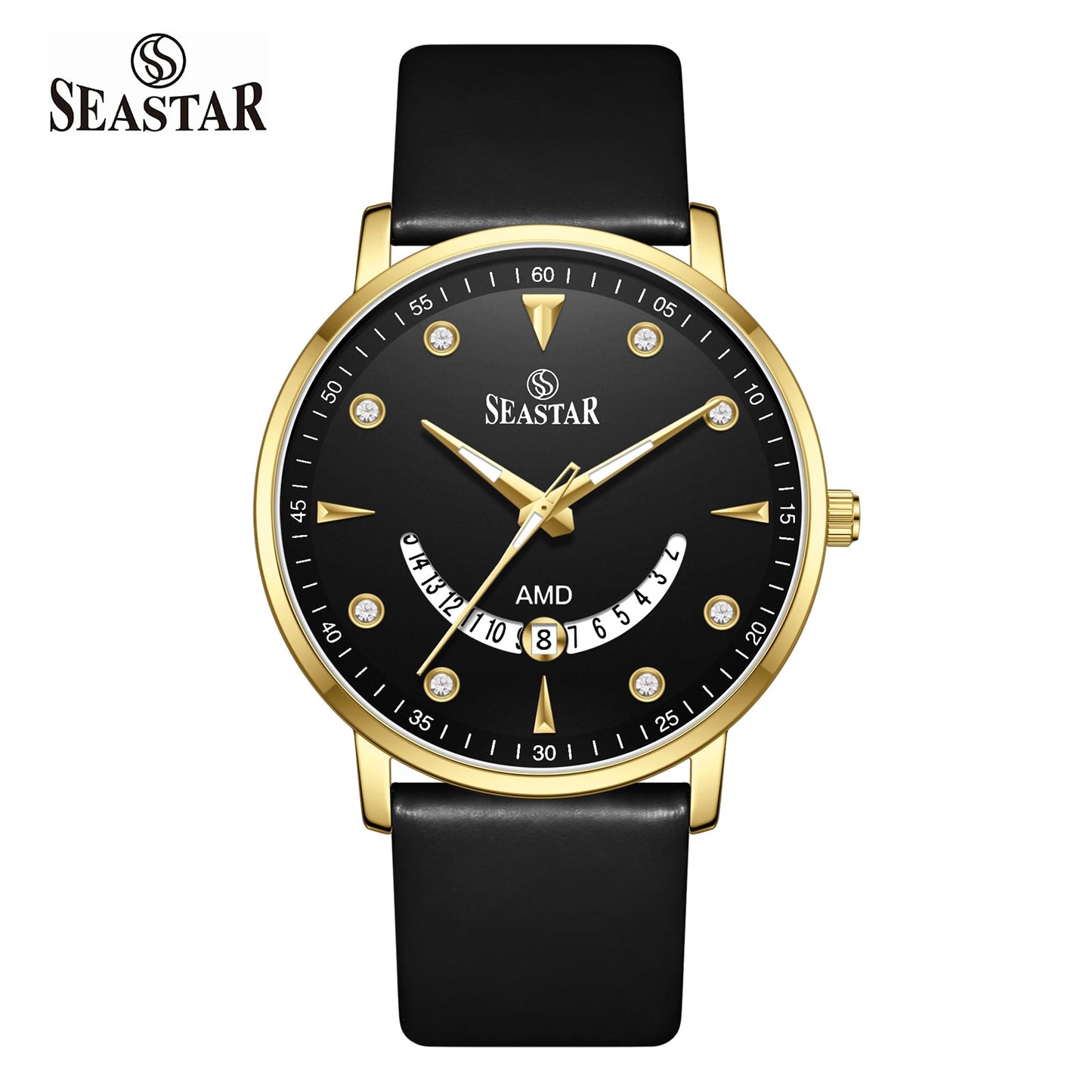 SS-2477M Unique Arc Date Display Leather Strap Men's Watch - Seastar Watches-Leather-Seastar Men