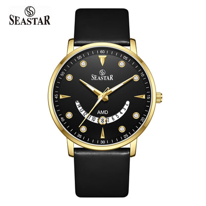 SS-2477M Unique Arc Date Display Leather Strap Men's Watch - Seastar Watches-Leather-Seastar Men
