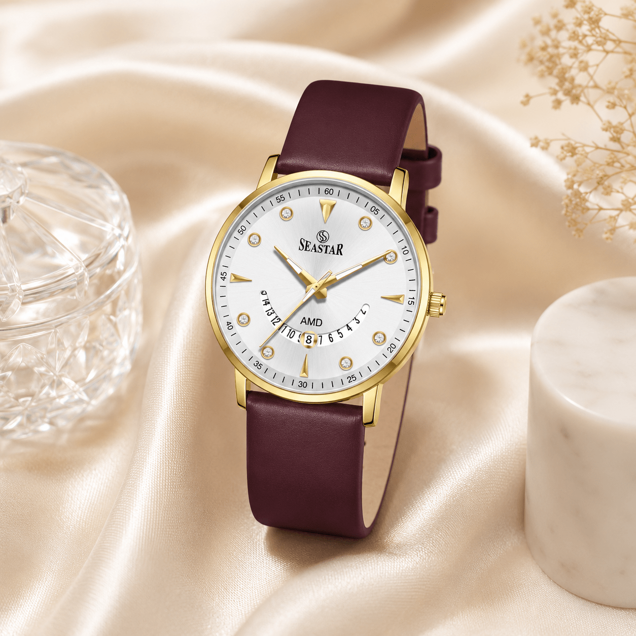SS-2477M Unique Arc Date Display Leather Strap Men's Watch - Seastar Watches-Leather-Seastar Men