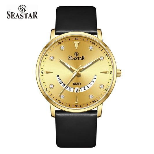SS-2477M Unique Arc Date Display Leather Strap Men's Watch - Seastar Watches-Leather-Seastar Men