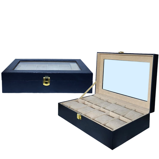Black PU Leather Display Collection Storage 12 Grids Watch Organizer Box